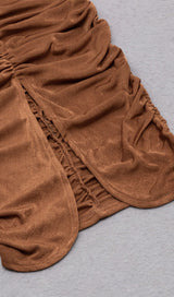 BROWN OFF-THE-SHOULDER PLEATED LONG-SLEEVED MIDI DRESS styleofcb