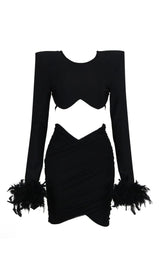 SHOULEDR PAD WAIST BARING FEATHER BLOUSE PLEATED DRESS IN BLACK styleofcb