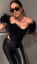 OFF SHOULDER FEATHER CORSET TOP styleofcb BLACK S