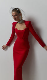 SQUARE SHOULDER CORSET MIDI DRESS IN RED styleofcb