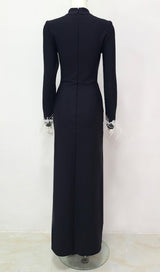 BLACK FEATHER LONG SLEEVE BANDAGE MAXI DRESS styleofcb