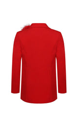 RED BLAZER SUIT WITH FEATHER TRIM Bottoms styleofcb