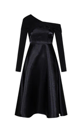 BLACK DIAGONAL SHOULDER LONG SLEEVE MIDI DRESS styleofcb