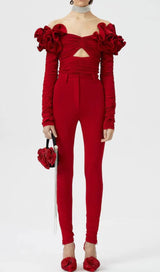 FLOWER ONE -LINE SHOULDER PLEATED BACKLESS TOP IN RED styleofcb