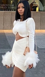 SHOULEDR PAD WAIST BARING FEATHER BLOUSE PLEATED DRESS IN WHITE styleofcb