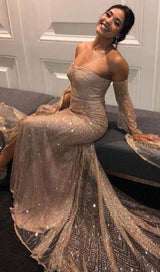 HIGH SPLIT GORGEOUS RHINESTONE DROP SLEEVE DRESS IN CHAMPAGNE styleofcb