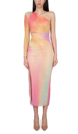 MESH RHINESTONE ONE SHOULDER MIDI DRESS IN COTTON CANDY DRESS STYLE OF CB