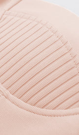 STRAPLESS DRAPED SLEEVE SLITS BANDAGE DRESS IN BEIGE Dresses styleofcb