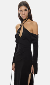 STRAPLESS STRAPPY SLIT DRESS IN BLACK DREESES styleofcb
