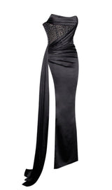 HOLLY BLACK CRYSTALLIZED CORSET HIGH SLIT SATIN GOWN Dresses styleofcb