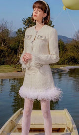 CHANEL'S STYLE WITH FEATHER SHORT SKIRT SUIT IN WHITE styleofcb
