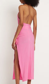 HALTERNECK DRAPED APPLIQUÉD STRETCH-JERSEY MIDI DRESS styleofcb