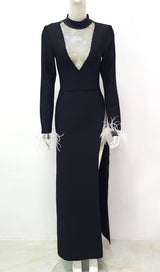 BLACK FEATHER LONG SLEEVE BANDAGE MAXI DRESS styleofcb