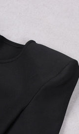 SHOULEDR PAD WAIST BARING FEATHER BLOUSE PLEATED DRESS IN BLACK styleofcb