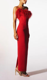 STRETCH STRAPLESS FEATHER TRIMMED GOWN IN RED styleofcb