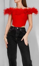 OFF SHOULDER FEATHER CORSET TOP styleofcb RED S