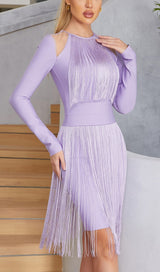 HOLLOWED-OUT SHOULDER FRINGED DRESS IN PURPLE styleofcb