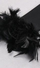 SHOULEDR PAD WAIST BARING FEATHER BLOUSE PLEATED DRESS IN BLACK styleofcb