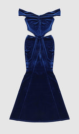 OFF SHOULDER WAIST HOLLOW VELVET MAXI DRESS IN BLUE styleofcb