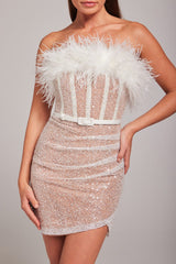 STRAPLESS SEQUIN FEATHER MINI DRESS Dresses styleofcb