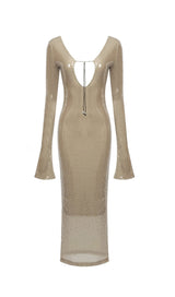 SEQUINED WITH LONG SLEEVES AND BACKLESS DRESS IN KHAKI styleofcb