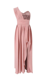 POLYESTER SEQUINS SLEEVELESS RUFFLE DRESS IN PINK styleofcb