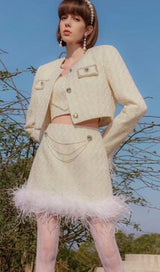 CHANEL'S STYLE WITH FEATHER SHORT SKIRT SUIT IN WHITE styleofcb