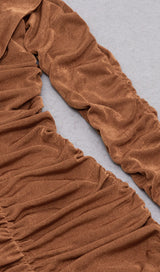 BROWN OFF-THE-SHOULDER PLEATED LONG-SLEEVED MIDI DRESS styleofcb