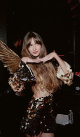 SPARKLING LONG SLEEVE MINI DRESS IN GOLD styleofcb