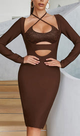 BANDAGE CUT-OUT LACE PATCHWORK EMBELLISHED DRESS COFFEE styleofcb