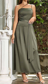 A-SILHOUETTE SATIN MIDI DRESS IN OLIVE DRESS sis label