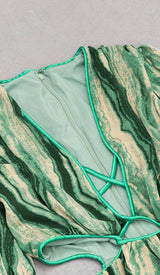 ALLOVER PRINT CUT OUT PUFF SLEEVE DRESS IN EMERALD GEMSTONE DRESS STYLE OF CB