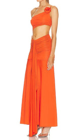 ASYMMETRIC RUCHED JERSEY MAXI DRESS IN ORANGE DRESS sis label