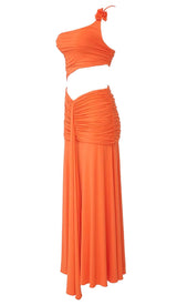 ASYMMETRIC RUCHED JERSEY MAXI DRESS IN ORANGE DRESS sis label