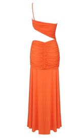 ASYMMETRIC RUCHED JERSEY MAXI DRESS IN ORANGE DRESS sis label