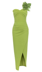 ASYMMETRICAL NECK SPLIT THIGH MIDI DRESS IN GREEN styleofcb