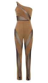 ASYMMETRICAL PATTERN MESH JUMPSUIT IN BROWN DRESS STYLE OF CB