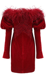 OFF SHOULDER OSTRICH FUR DECORATIVE SLIM-FIT MINI DRESS IN RED styleofcb