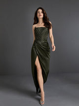 STRAPLESS SATIN SPLIT MAXI DRESS Dresses styleofcb