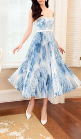 BANDEAU PLEATED MIDI DRESS IN BLUE styleofcb