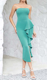 BANDEAU RUFFLES MIDI DRESS IN GREEN DRESS STYLE OF CB