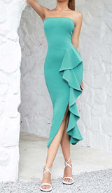 BANDEAU RUFFLES MIDI DRESS IN GREEN DRESS STYLE OF CB