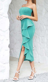 BANDEAU RUFFLES MIDI DRESS IN GREEN DRESS STYLE OF CB