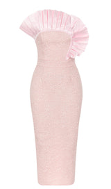 BODYCON RUFFLE DETAIL MIDI DRESS IN PINK DRESS STYLE OF CB