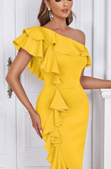 BODYCON RUFFLE MIDI DRESS IN APRICOT styleofcb
