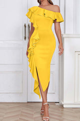 BODYCON RUFFLE MIDI DRESS IN APRICOT styleofcb