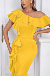 BODYCON RUFFLE MIDI DRESS IN APRICOT styleofcb