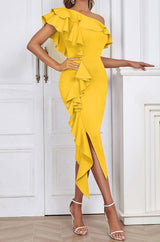 BODYCON RUFFLE MIDI DRESS IN APRICOT styleofcb