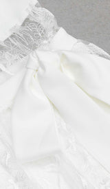 BOW-EMBELLISHED LACE MIDI DRESS IN WHITE DRESS STYLE OF CB