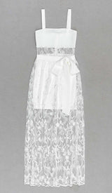 BOW-EMBELLISHED LACE MIDI DRESS IN WHITE DRESS STYLE OF CB